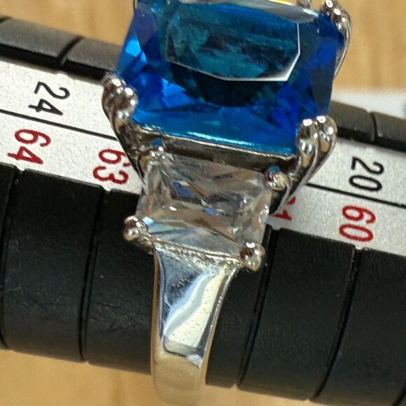 Silver Tone Cocktail Ring With Blue Emerald-Cut Center & Clear Side Size 10 - Picture 12 of 16
